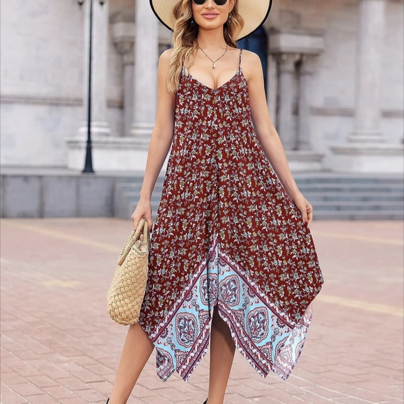 Spaghetti strap boho handkerchief hem flowy rayon dress - Picture 5 of 11